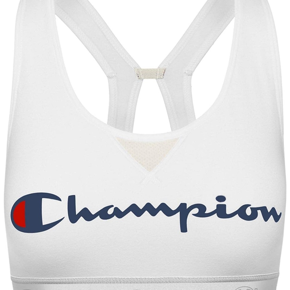Champion Women's White Sports Bra with Navy Logo